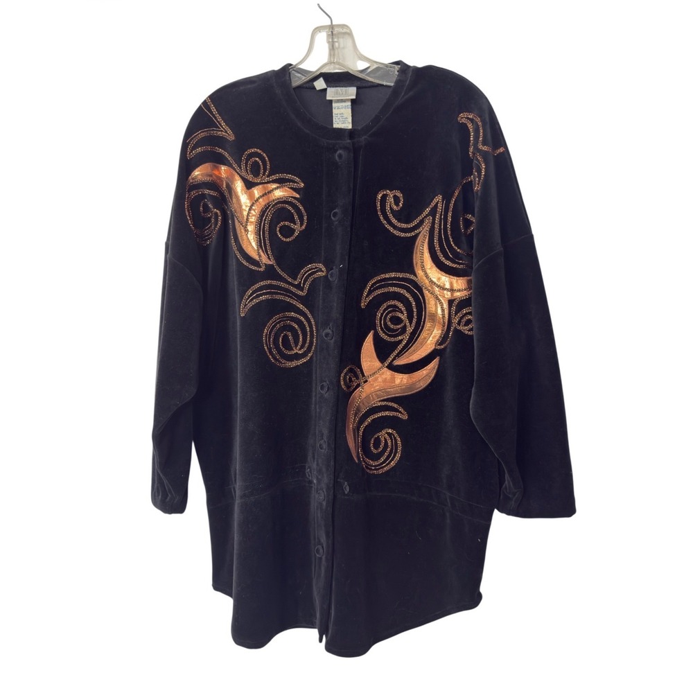 Madeleine Vintage Black Velvet‎ Copper Metallic Applique Button Front Tunic Top